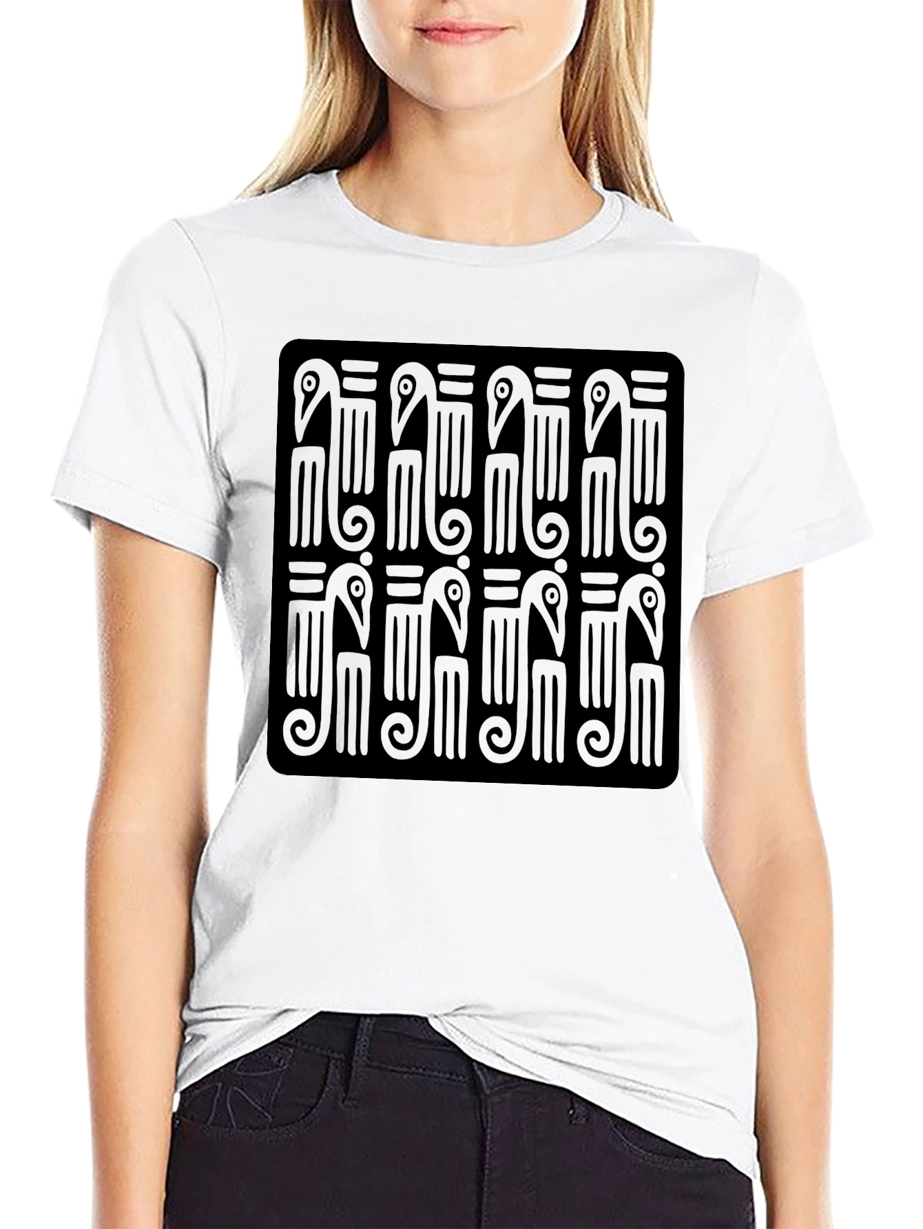 Black T-Shirt with Abstract Bird Pattern