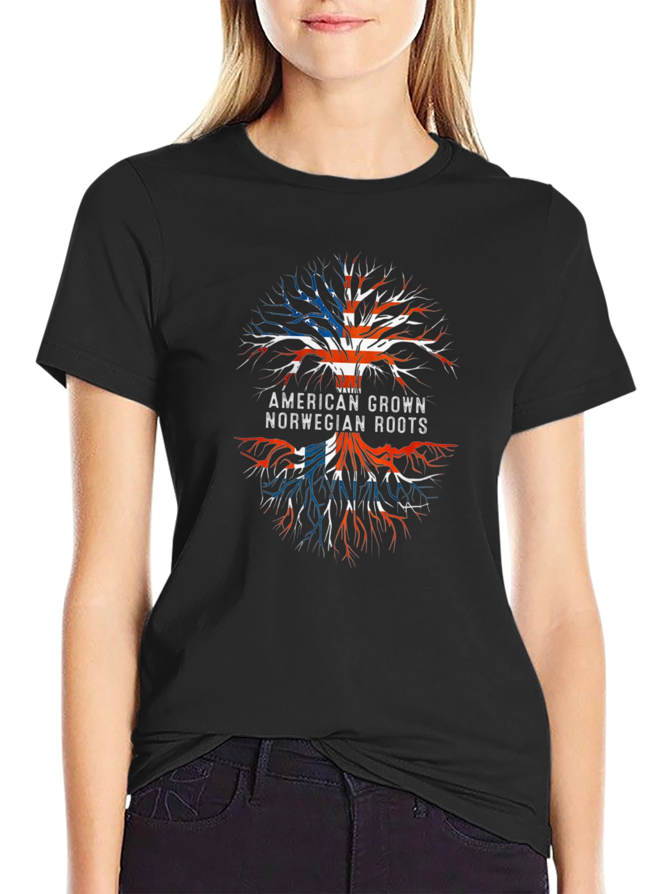 American Grown Norwegian Roots Tree Black T-Shirt