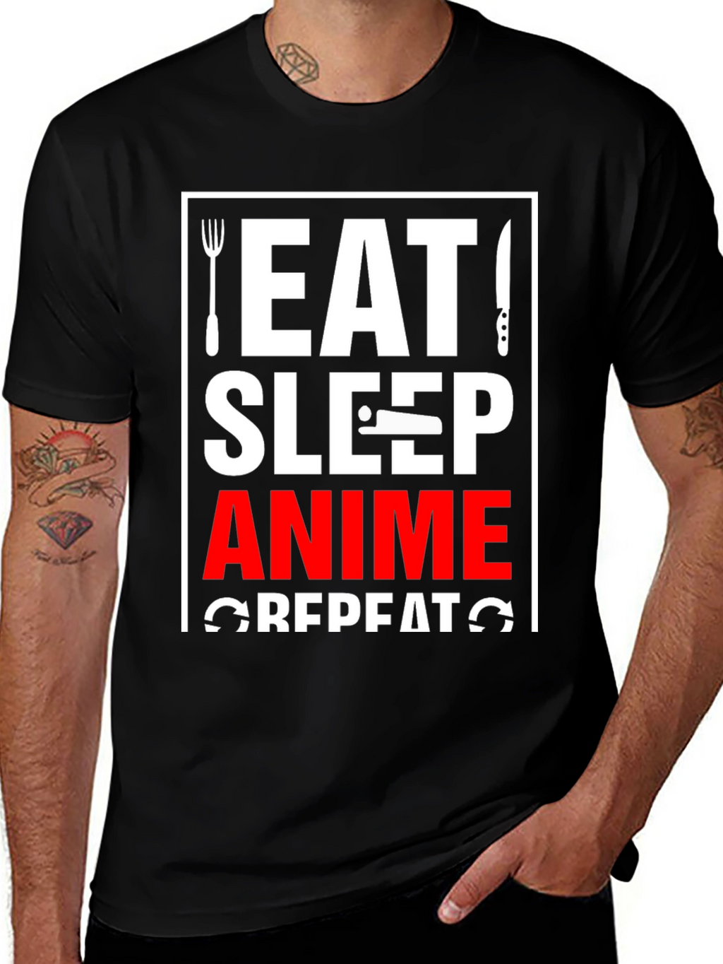 Eat Sleep Anime Repeat Black Graphic T-Shirt