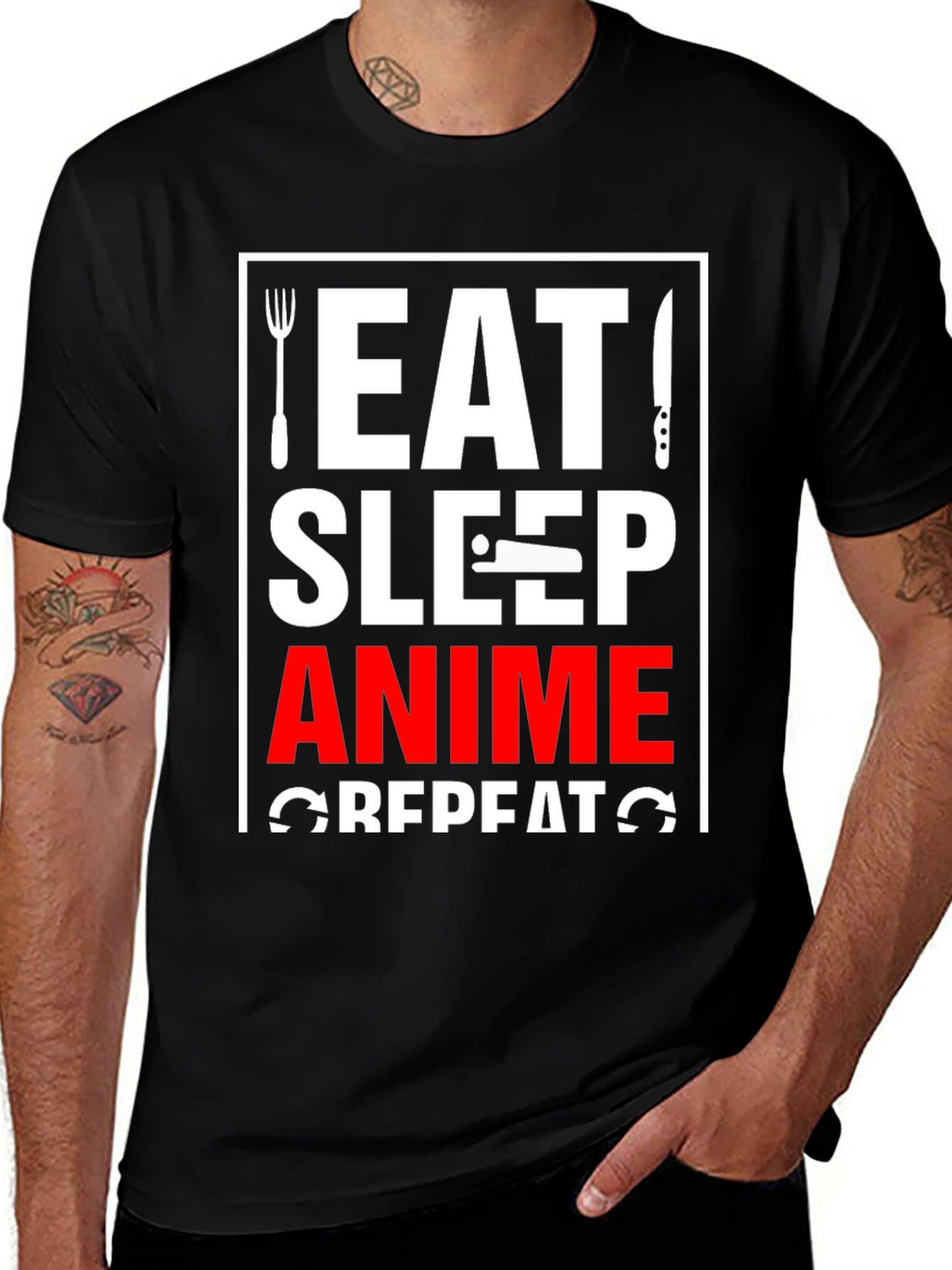 Eat Sleep Anime Repeat Black Graphic T-Shirt