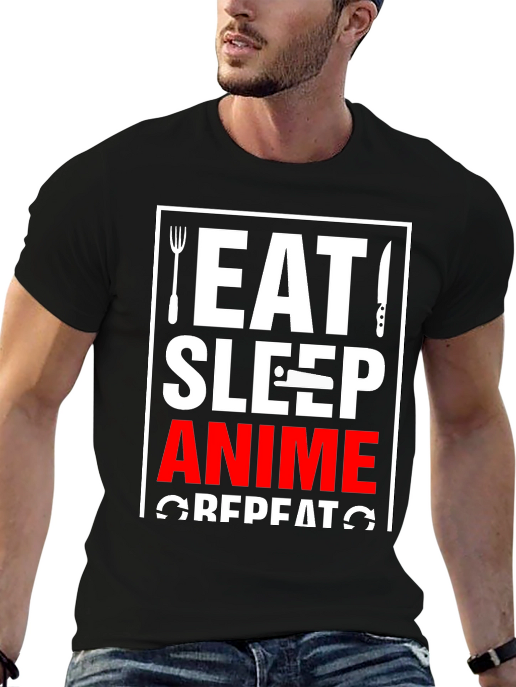 Eat Sleep Anime Repeat Black Graphic T-Shirt