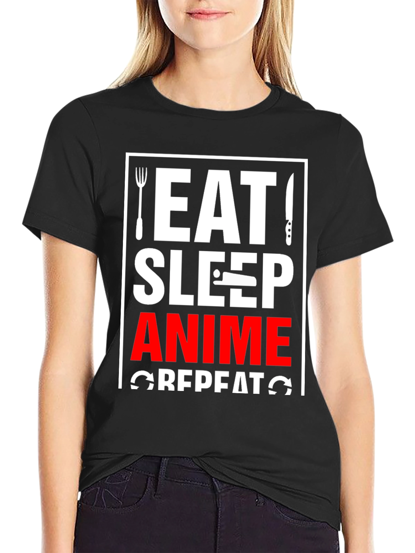 Eat Sleep Anime Repeat Black Graphic T-Shirt