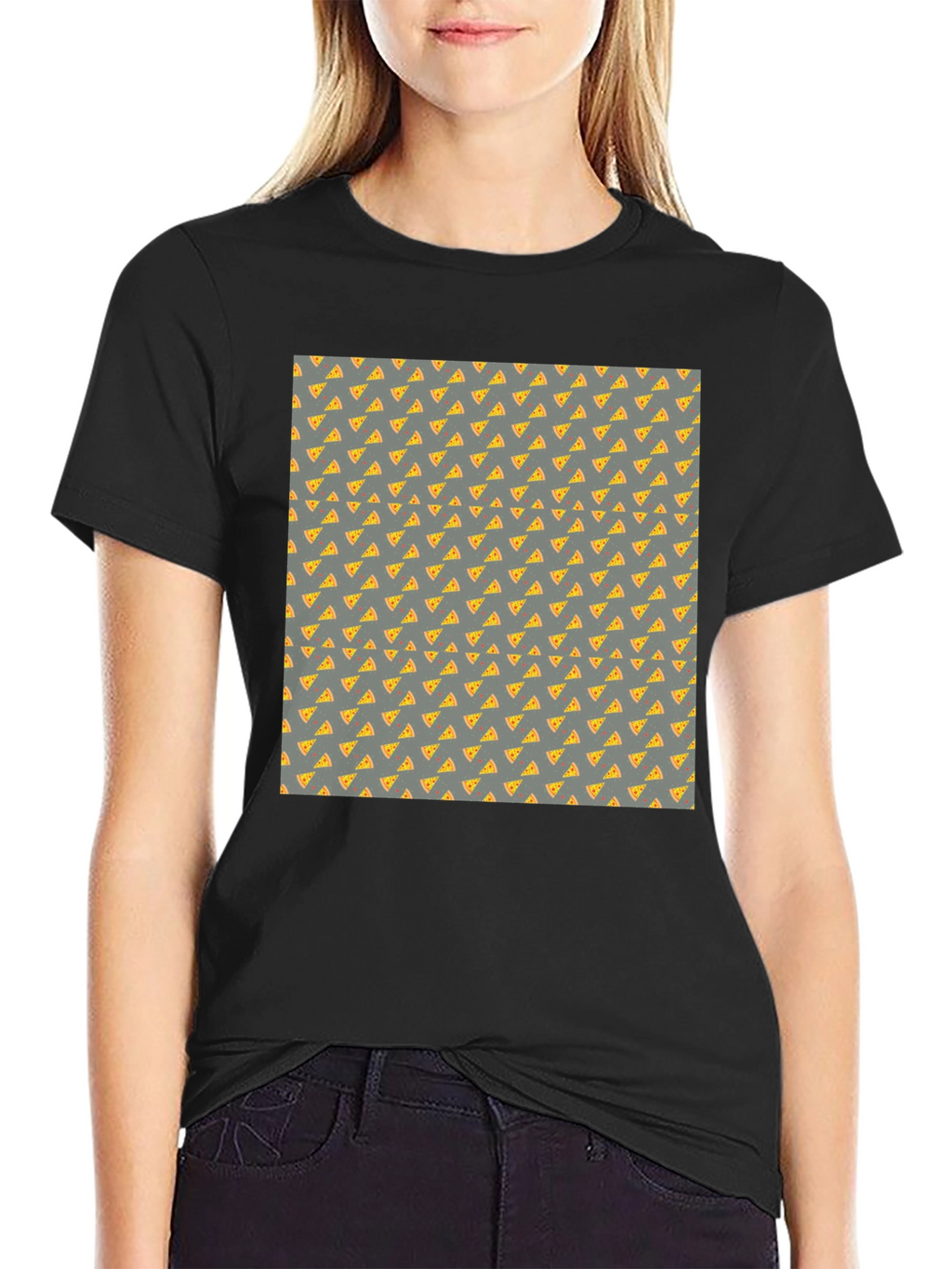 Pizza Slice Pattern Black T-Shirt