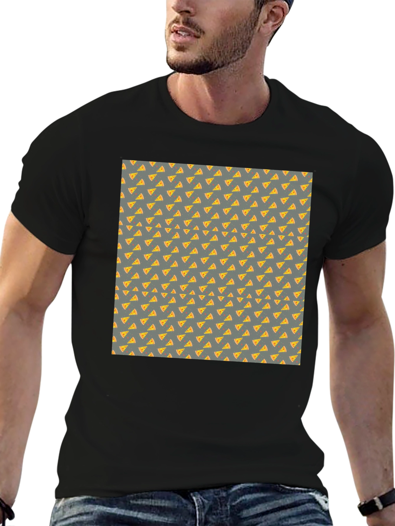Pizza Slice Pattern Black T-Shirt