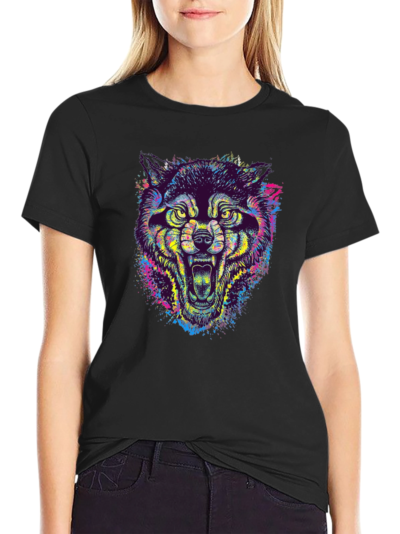 Colorful Wolf Graphic Tee - Unique Animal Print T-Shirt