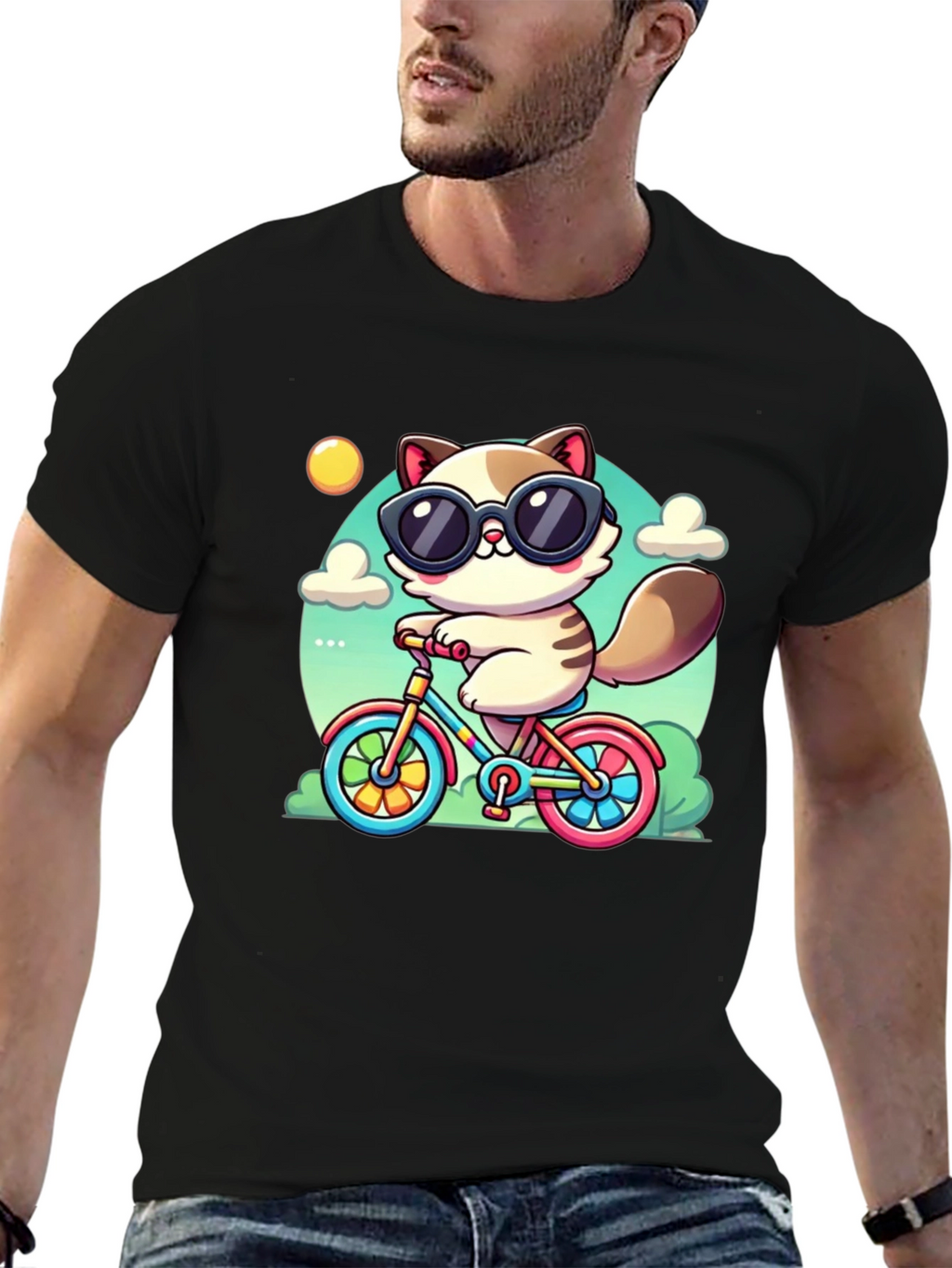 Cool Cat on Bike Graphic T-Shirt