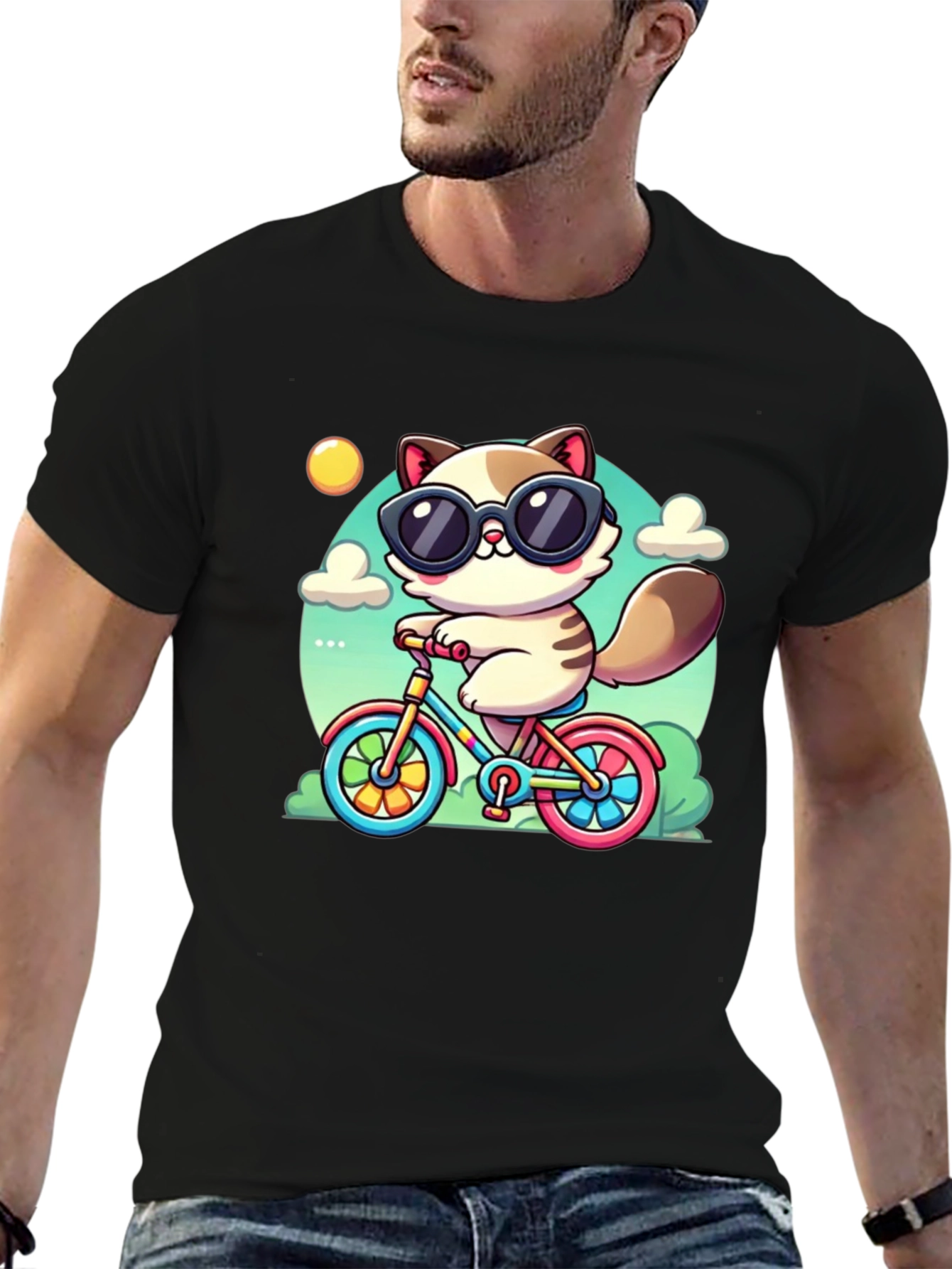 Cool Cat on Bike Graphic T-Shirt