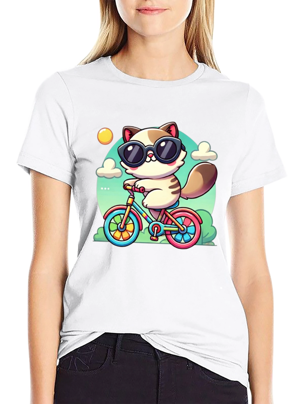 Cool Cat on Bike Graphic T-Shirt