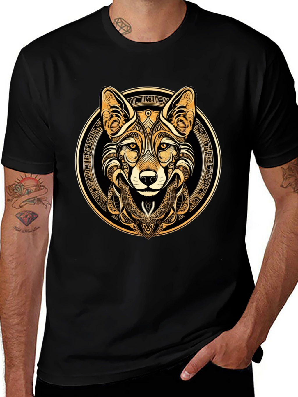 Tribal Fox Graphic Tee - Stylish Mens Black T-Shirt