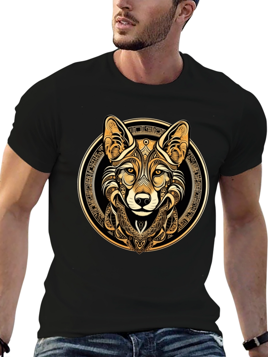 Tribal Fox Graphic Tee - Stylish Mens Black T-Shirt