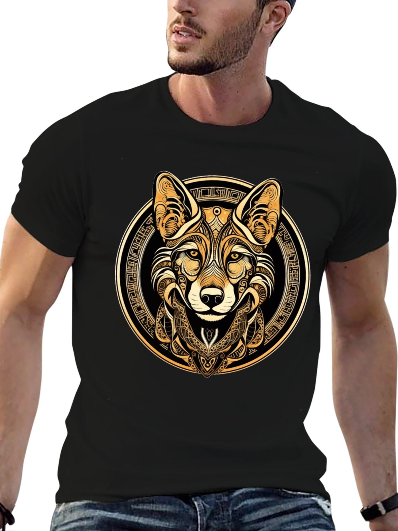 Tribal Fox Graphic Tee - Stylish Mens Black T-Shirt