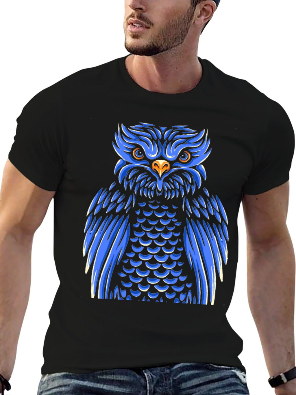 Cool Blue Owl Graphic Print Black T-Shirt