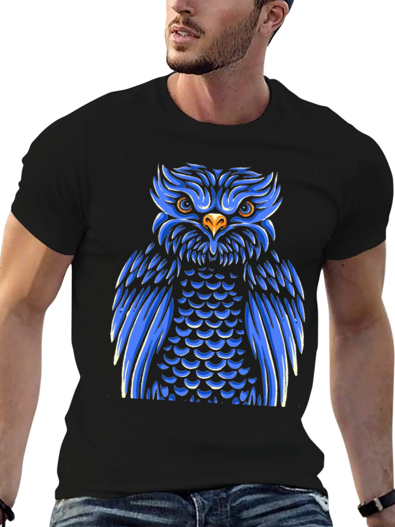 Cool Blue Owl Graphic Print Black T-Shirt