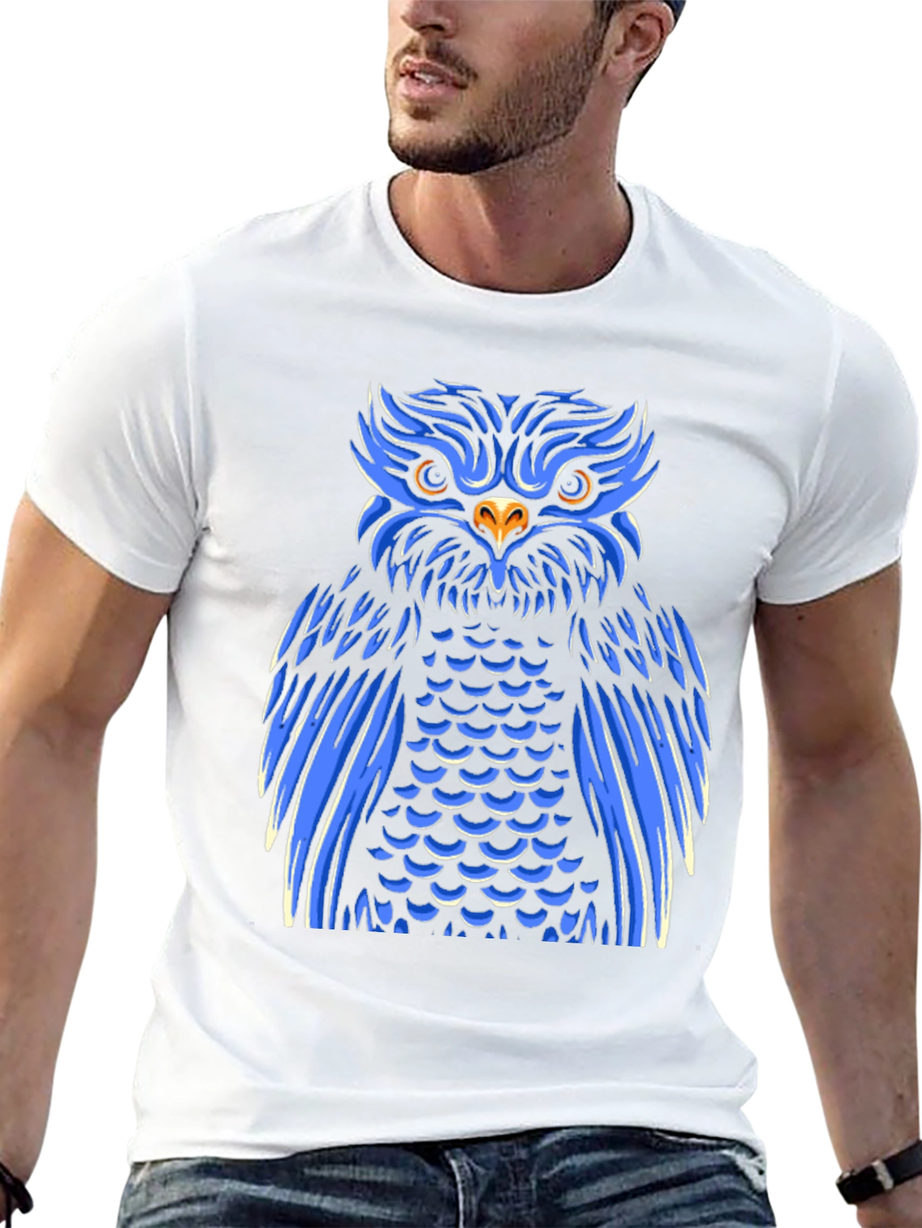 Cool Blue Owl Graphic Print Black T-Shirt