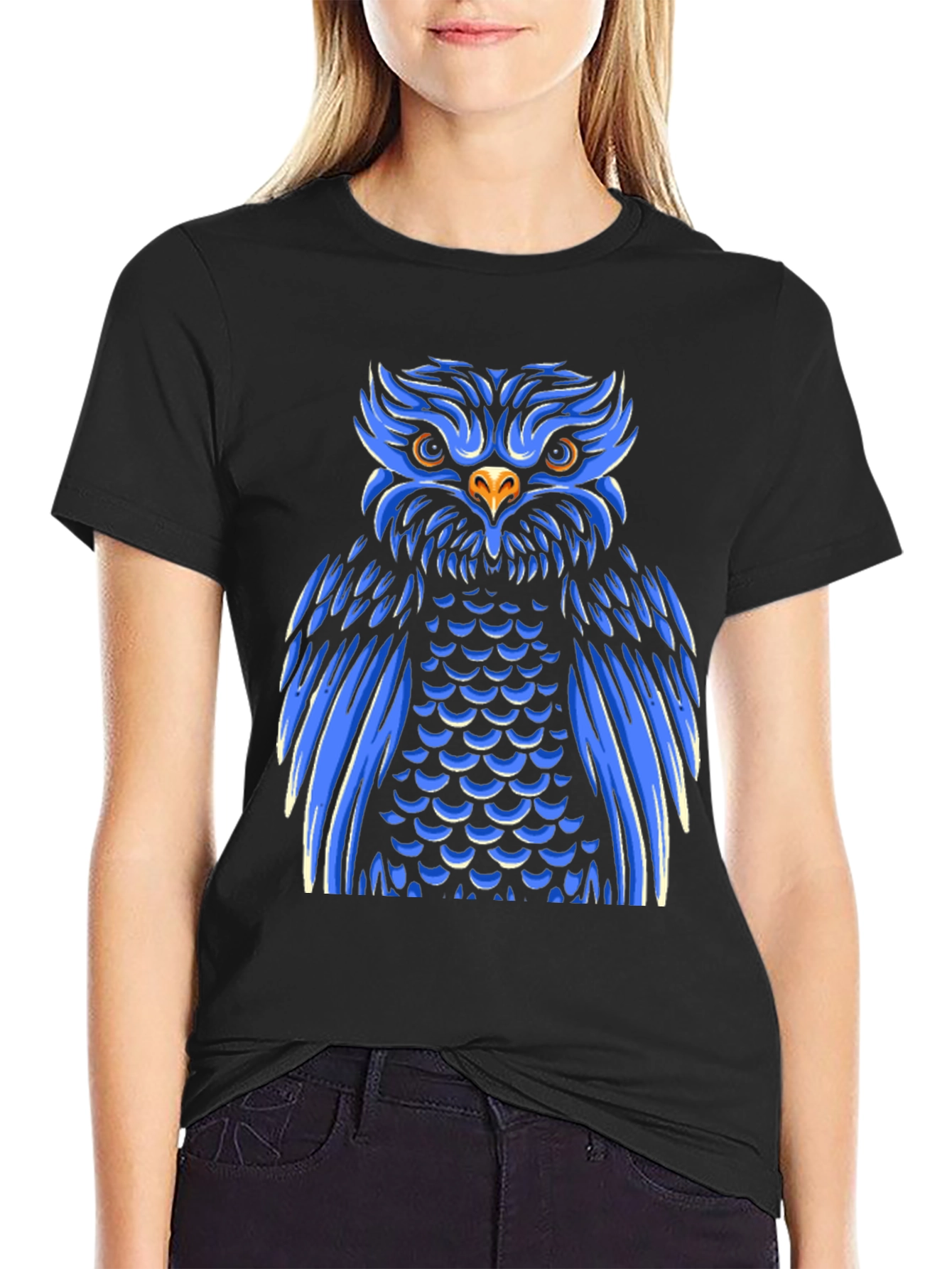 Cool Blue Owl Graphic Print Black T-Shirt