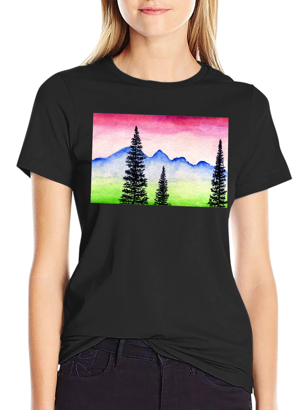 Mountain Landscape Graphic Tee - Black Cotton Shirt