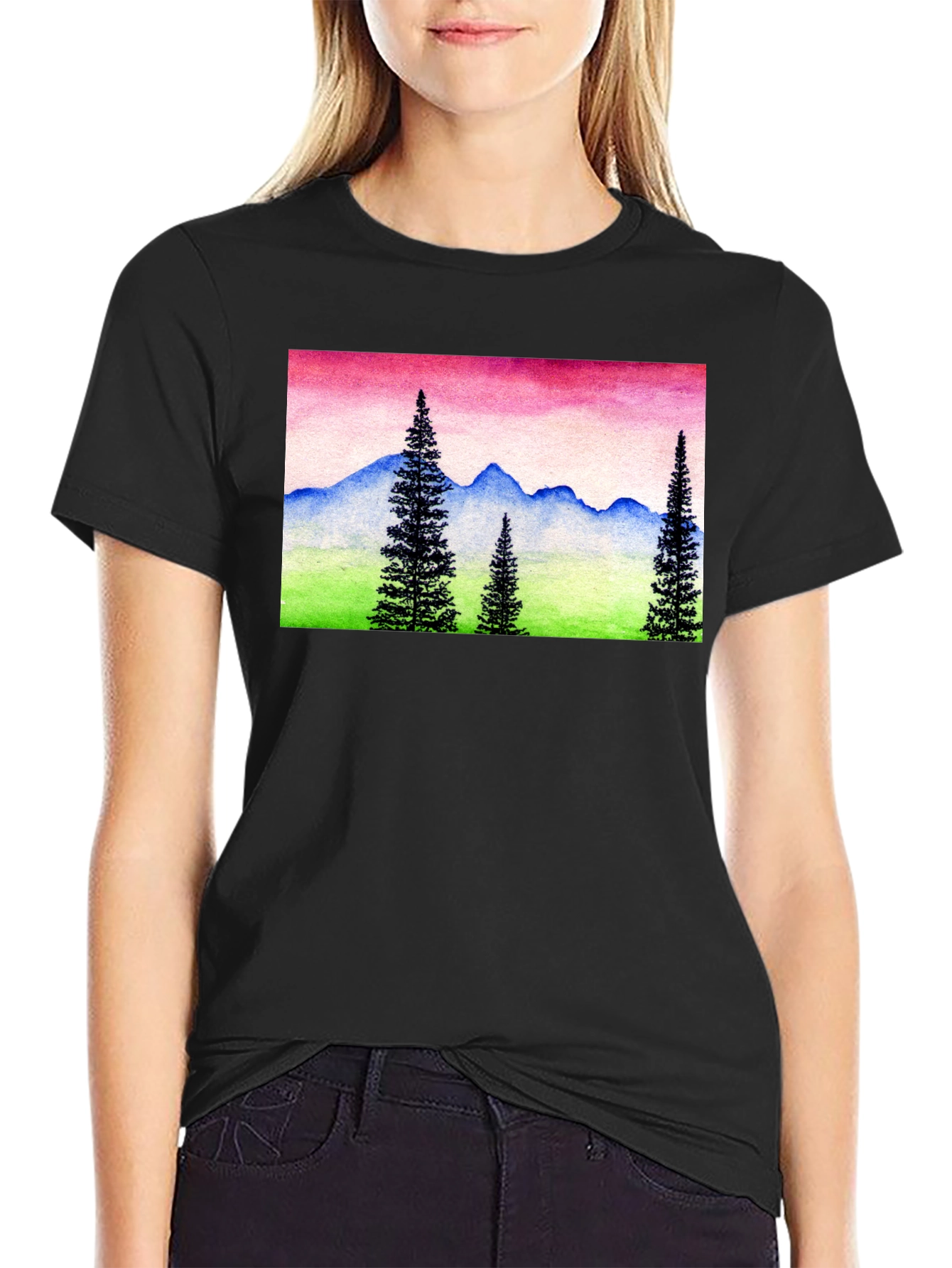 Mountain Landscape Graphic Tee - Black Cotton Shirt